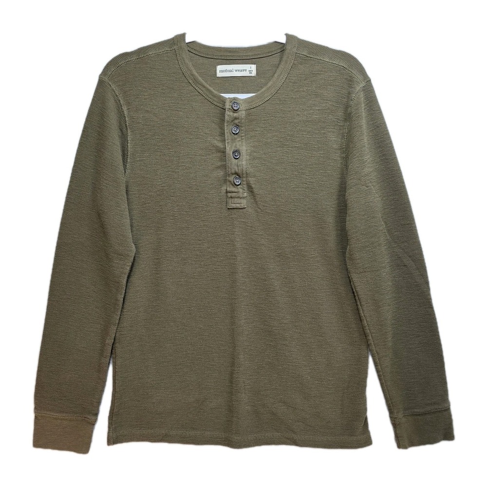 Mutual Weave Waffle Knit Henley Thermal Shirt Mens  S Long Sleeve Pullover Green
